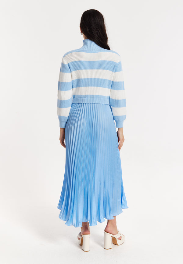 Liquorish Blue Stripe Turtleneck Pleated Maxi Dress