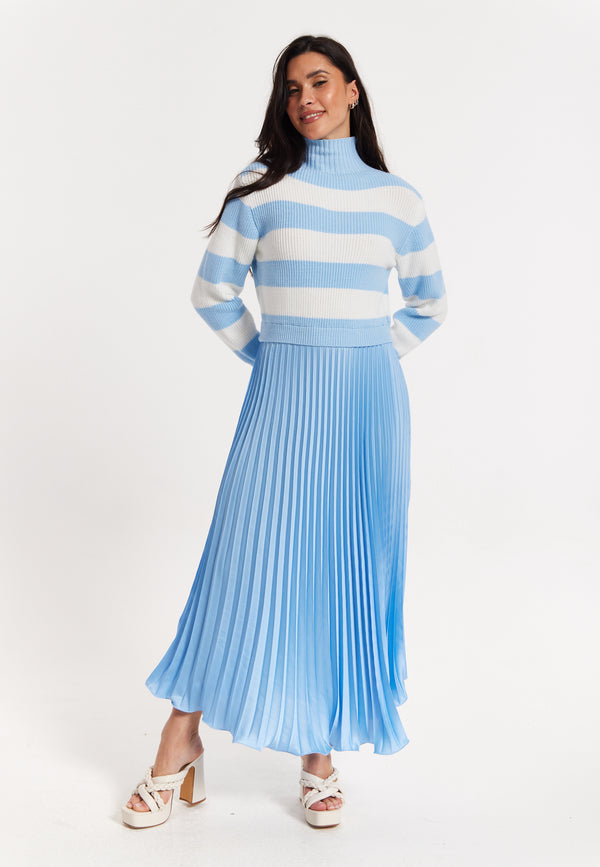 Liquorish Blue Stripe Turtleneck Pleated Maxi Dress