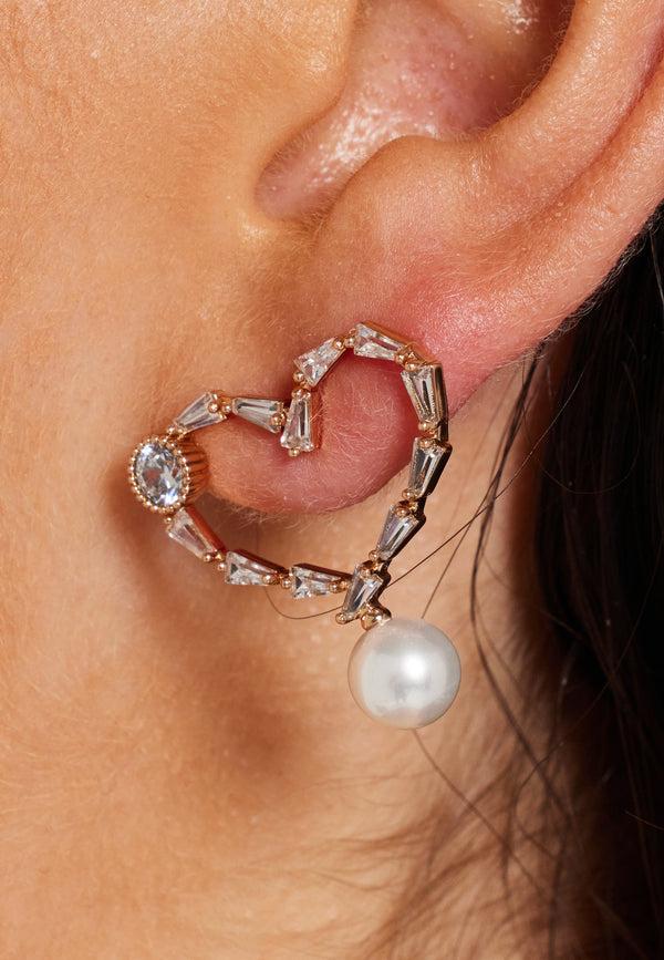 Liquorish Crystal Heart Stud Earrings In Gold With Pearl
