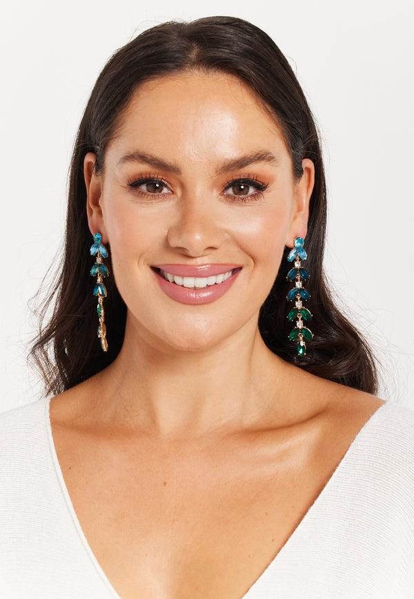 Liquorish Dark Green Gorgeous Rhinestone Leaf Shaped Dangle Earrings