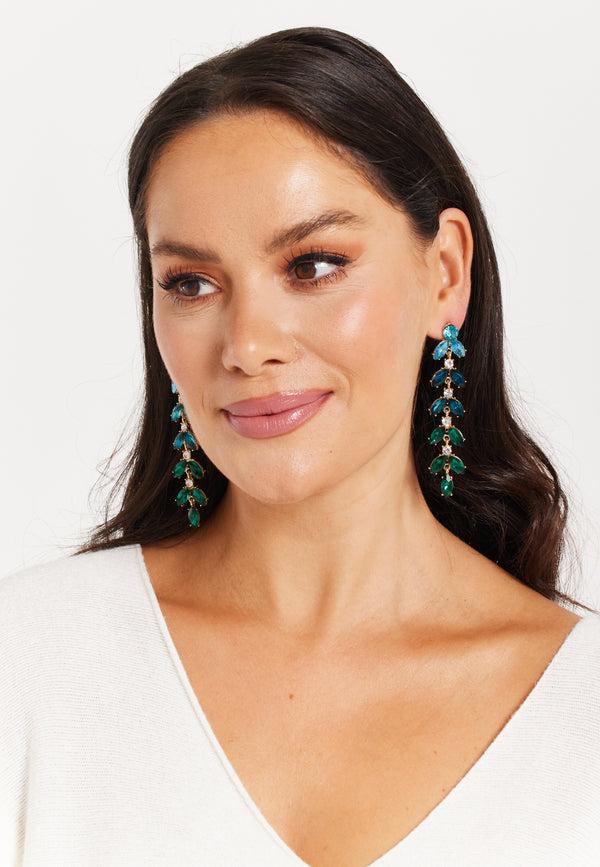 Liquorish Dark Green Gorgeous Rhinestone Leaf Shaped Dangle Earrings