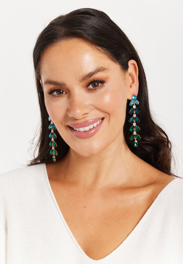 Liquorish Dark Green Gorgeous Rhinestone Leaf Shaped Dangle Earrings