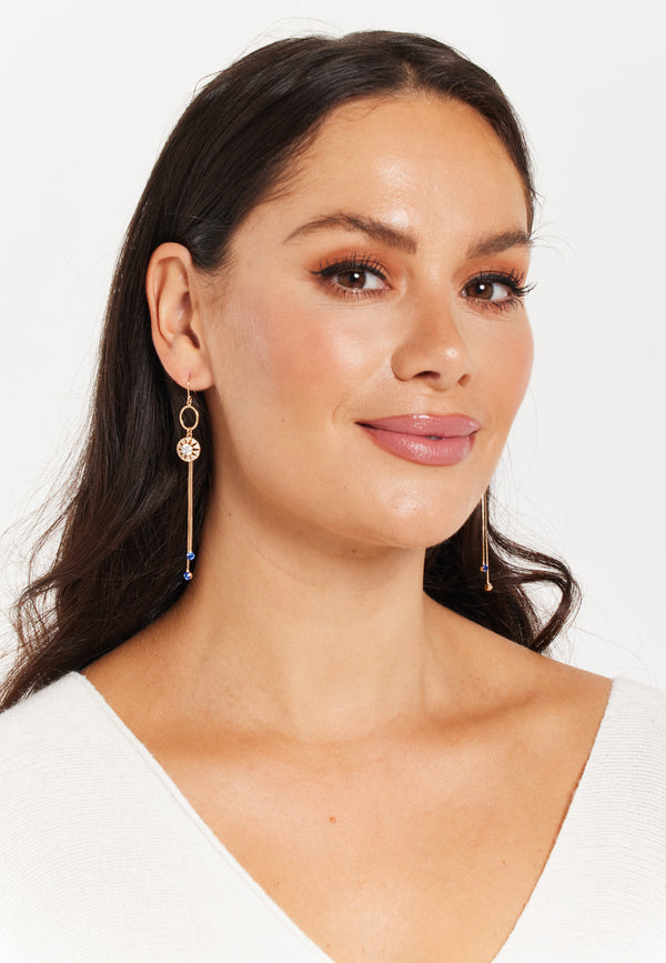 Liquorish Diamond Gold Tassel Blue Long Drop Crystal Earrings