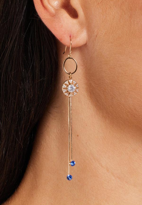 Liquorish Diamond Gold Tassel Blue Long Drop Crystal Earrings