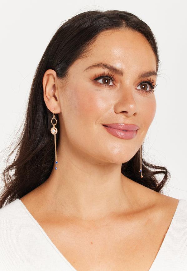 Liquorish Diamond Gold Tassel Blue Long Drop Crystal Earrings