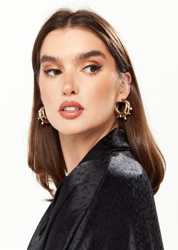 Liquorish Divine Grace Three Tier Hoop Earrings with Pearl Embellishment in Gold