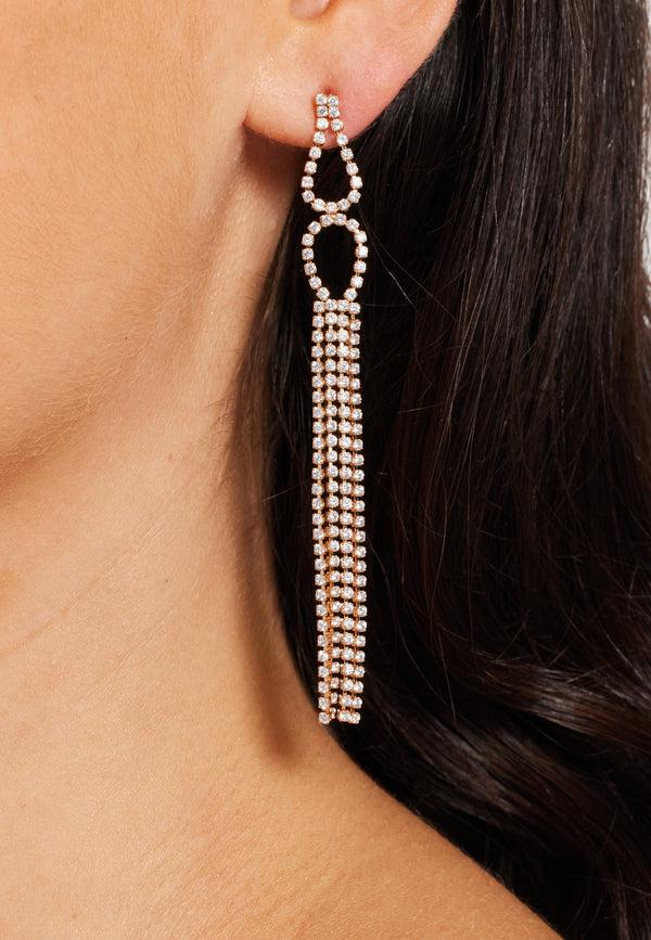Liquorish Elegant Rhinestone Tassel Long Dangle Earrings in Gold