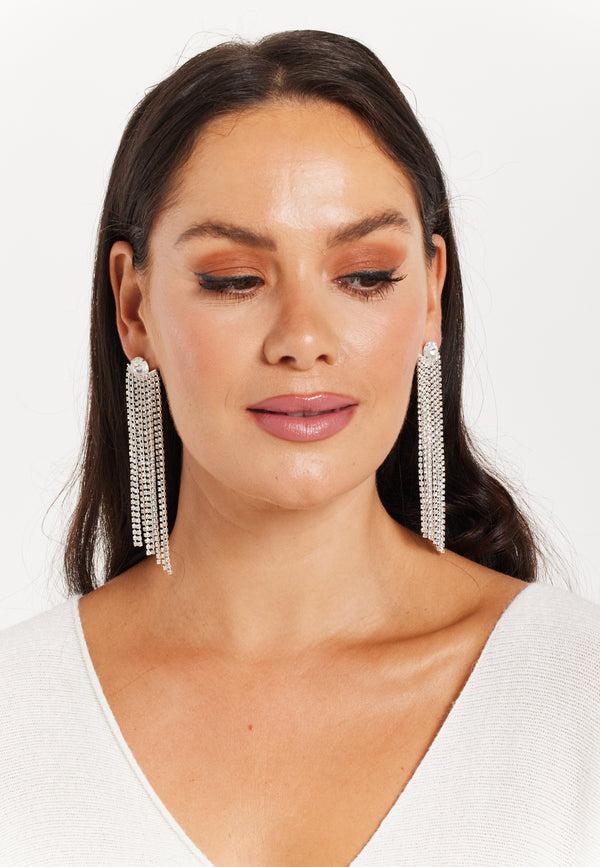 Liquorish Elegant Rhinestone Tassels Long Dangle Earrings In Grey