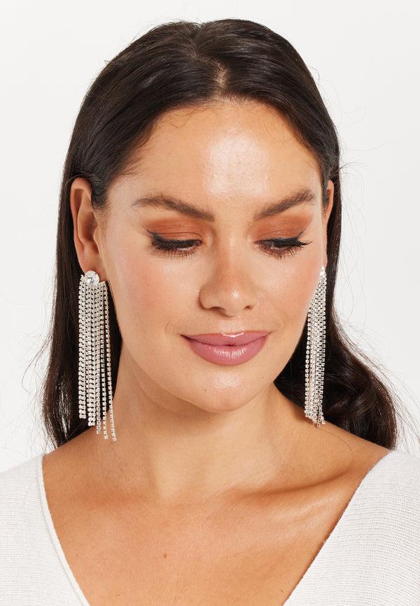 Liquorish Elegant Rhinestone Tassels Long Dangle Earrings in Grey