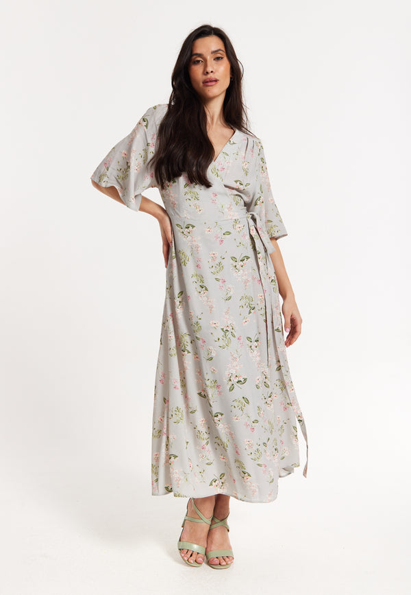 Liquorish Floral Print Kimono Sleeve Wrap Maxi Dress