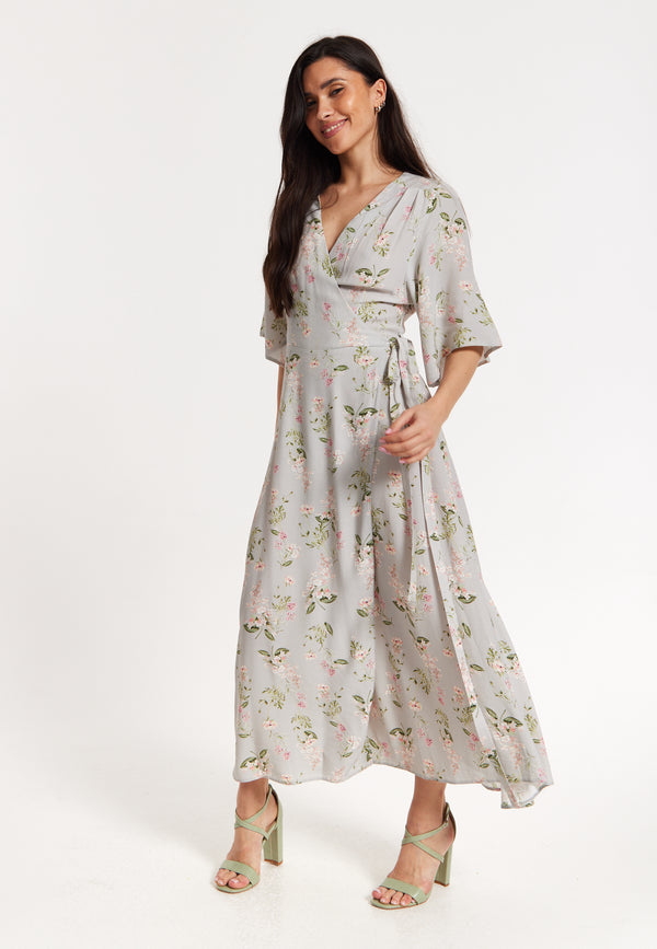 Liquorish Floral Print Kimono Sleeve Wrap Maxi Dress