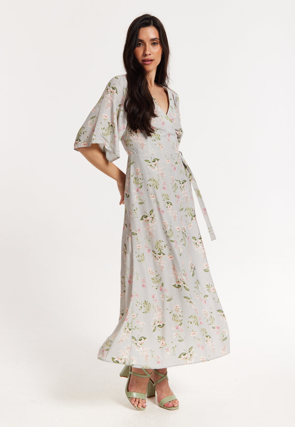 Liquorish Floral Print Kimono Sleeve Wrap Maxi Dress