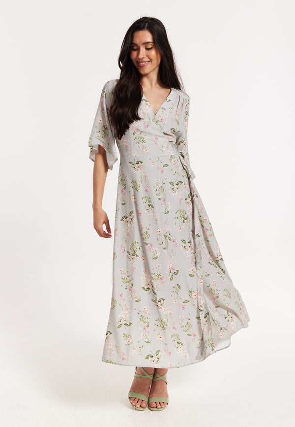 Liquorish Floral Print Kimono Sleeve Wrap Maxi Dress
