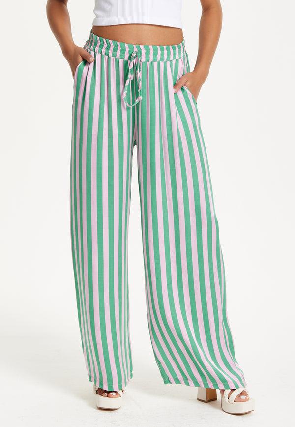 Liquorish Green And Purple Striped Wide Leg Trousers