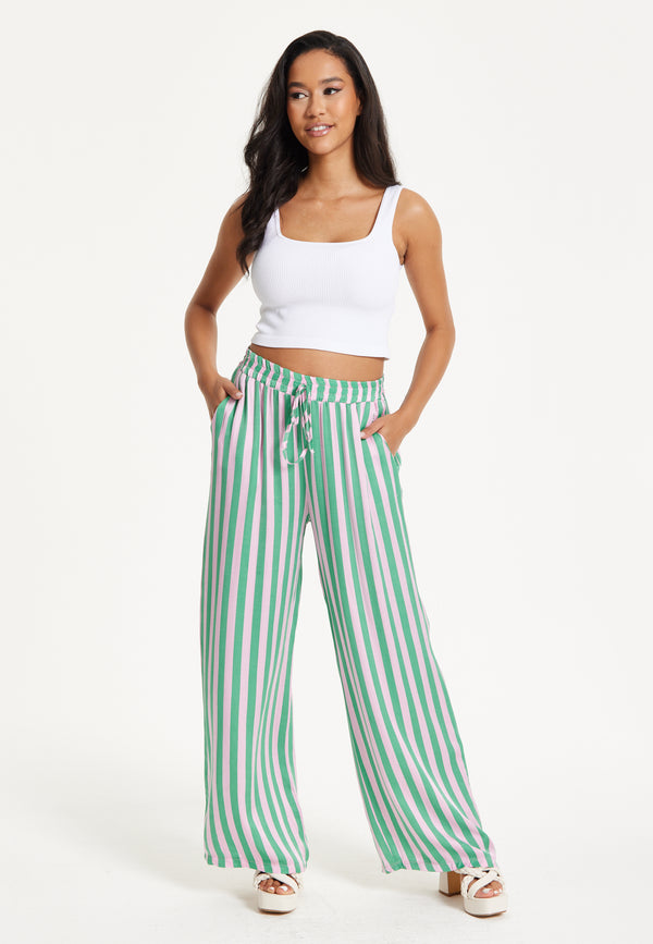 Liquorish Green and Purple Striped Wide Leg Trousers