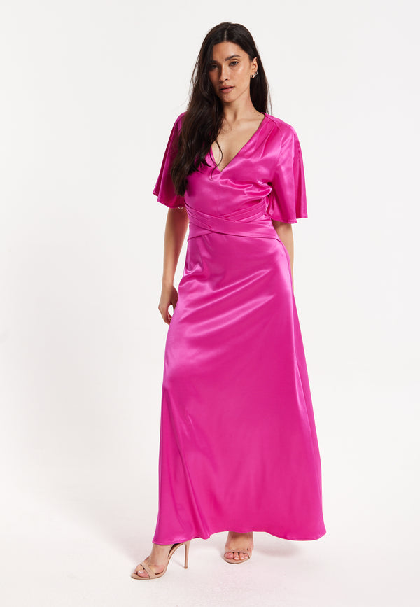 Liquorish Hot Pink Satin Maxi Wrap Dress With Flutter Sleeves