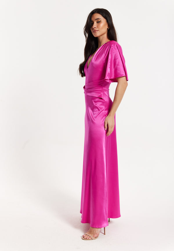 Liquorish Hot Pink Satin Maxi Wrap Dress With Flutter Sleeves