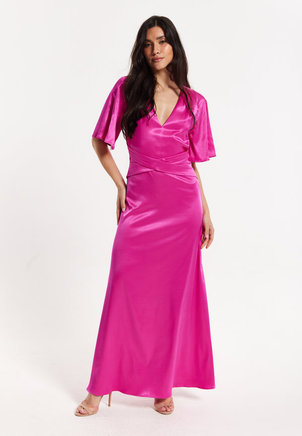Liquorish Hot Pink Satin Maxi Wrap Dress with Flutter Sleeves