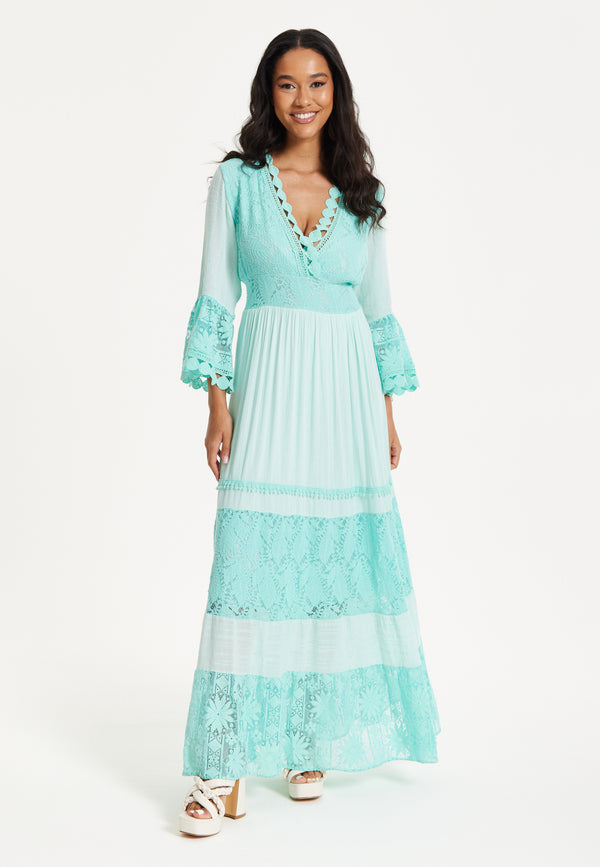Liquorish Aqua Lace Tiered Maxi Dress