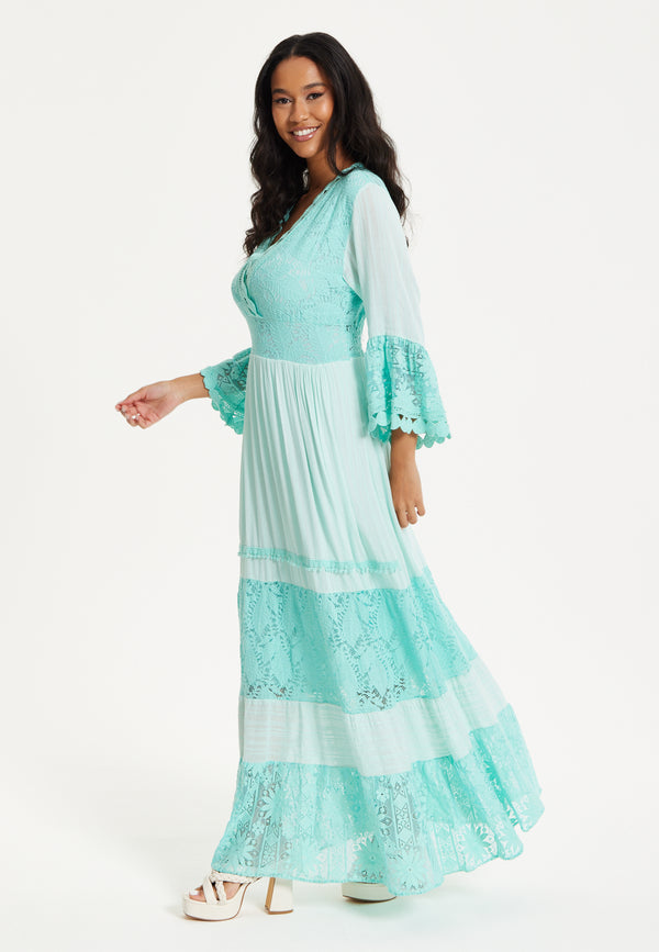 Liquorish Aqua Lace Tiered Maxi Dress