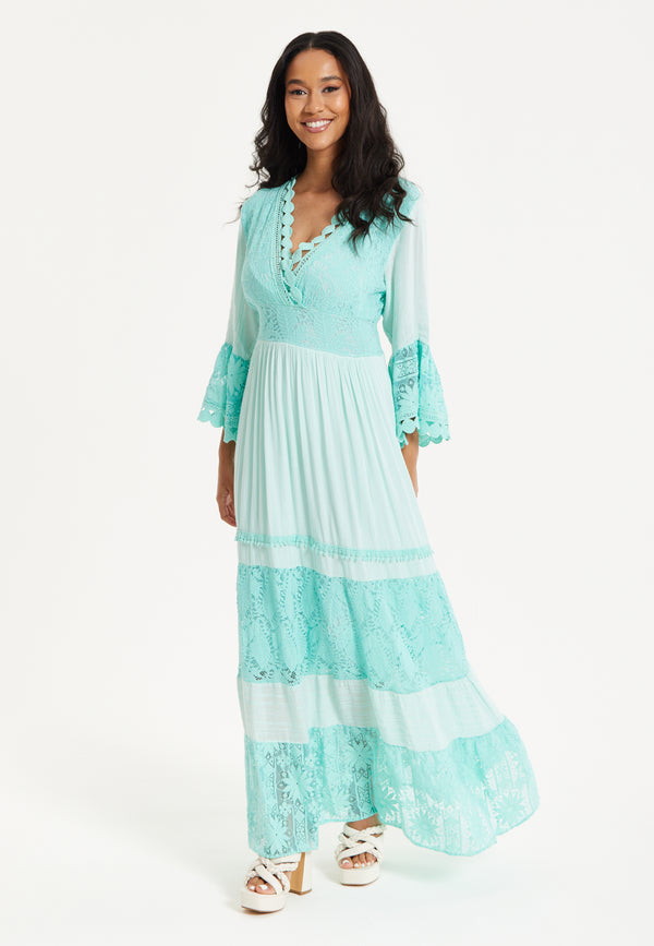 Liquorish Aqua Lace Tiered Maxi Dress