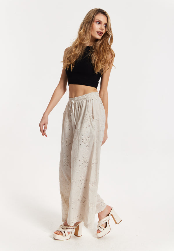 Liquorish Beige Embroidered Wide Leg Trousers