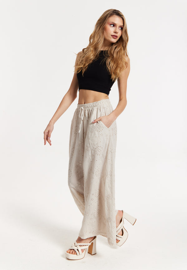 Liquorish Beige Embroidered Wide Leg Trousers