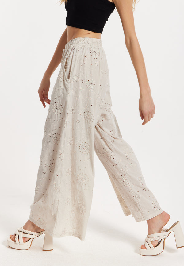 Liquorish Beige Embroidered Wide Leg Trousers