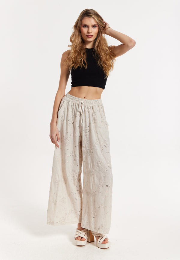 Liquorish Beige Embroidered Wide Leg Trousers