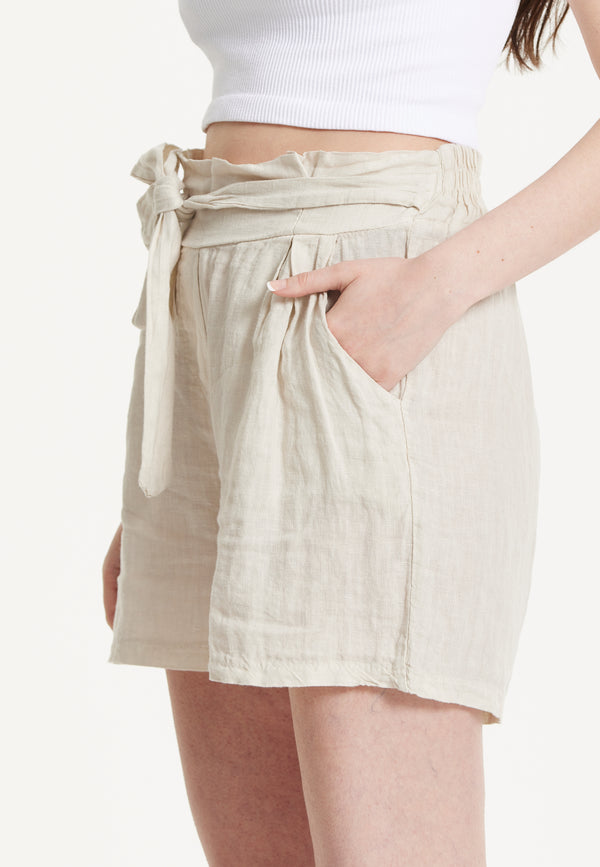 Liquorish Beige Linen Tie Waist Shorts