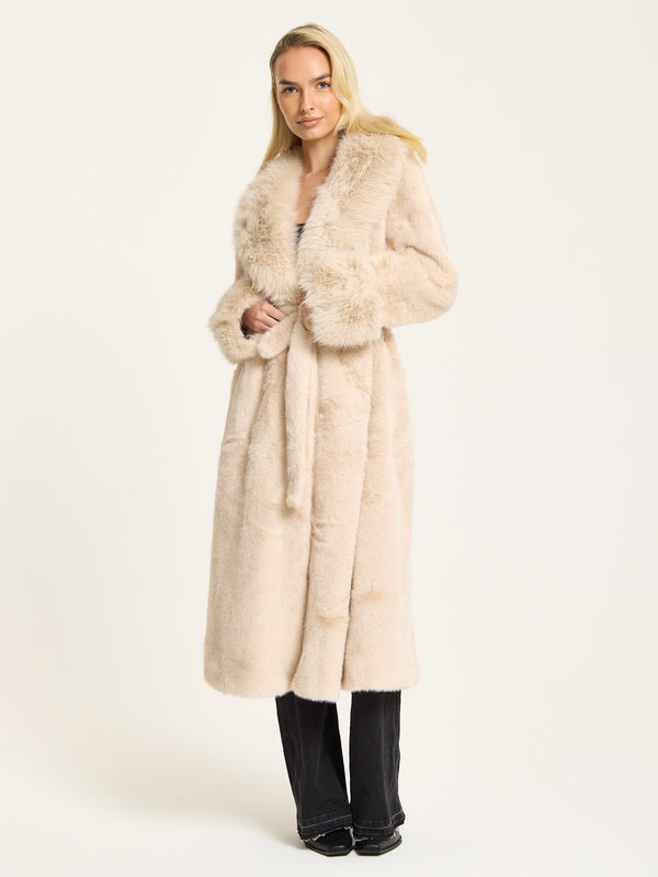 Liquorish Beige Longline Faux Fur Coat