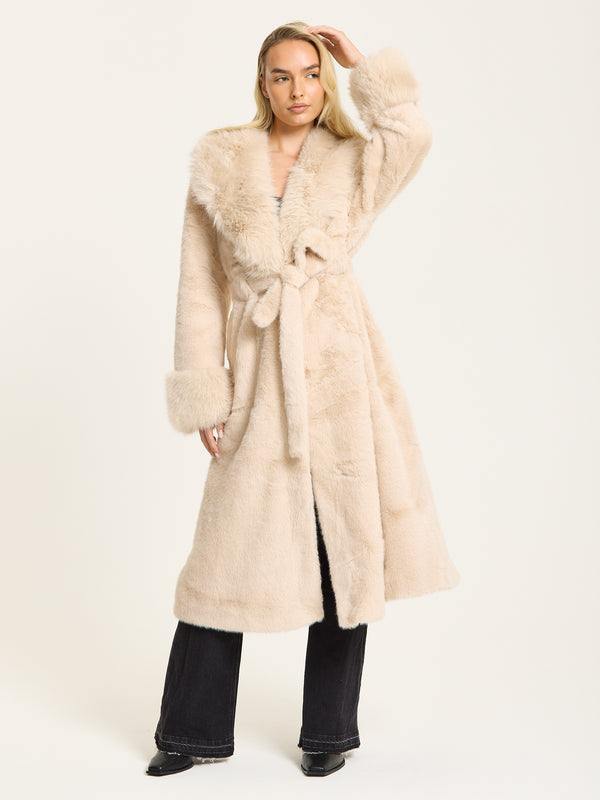 Liquorish Beige Longline Faux Fur Coat