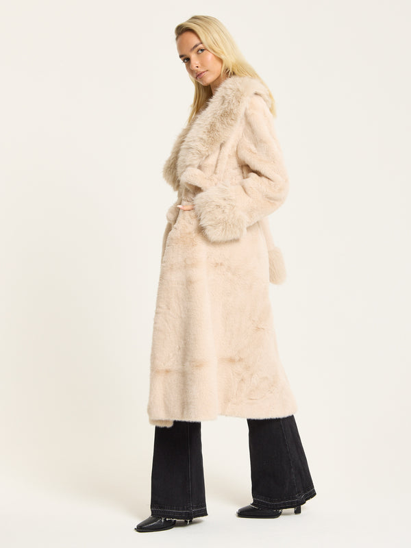 Liquorish Beige Longline Faux Fur Coat