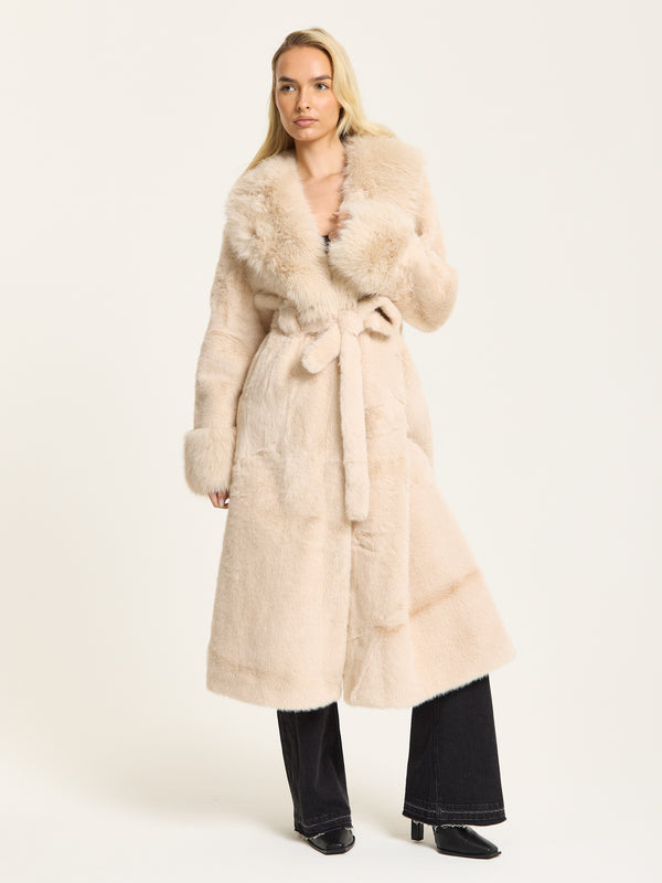 Liquorish Beige Longline Faux Fur Coat