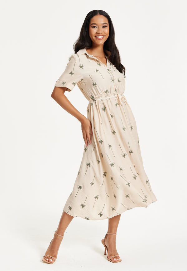 Liquorish Beige Palm Print Shirt Midi Dress