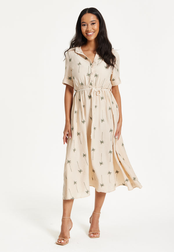 Liquorish Beige Palm Print Shirt Midi Dress