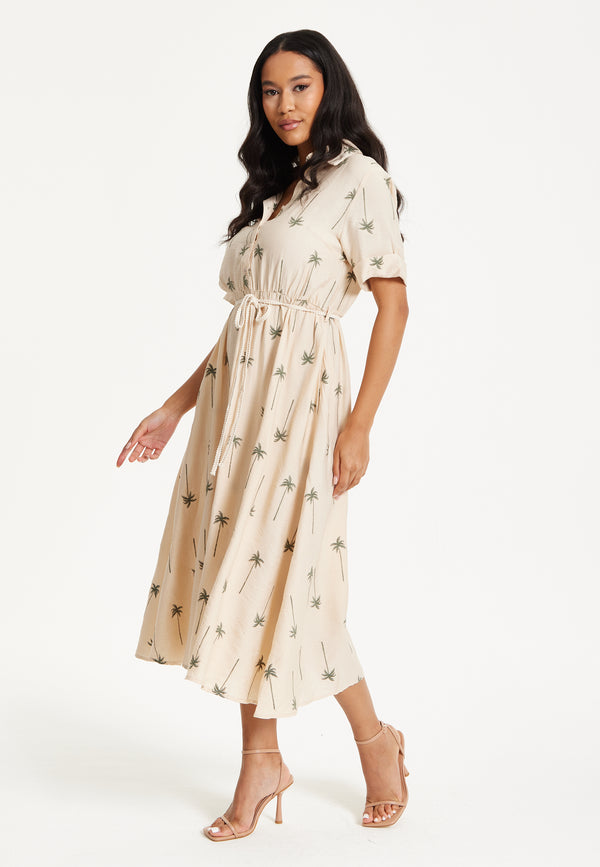 Liquorish Beige Palm Print Shirt Midi Dress
