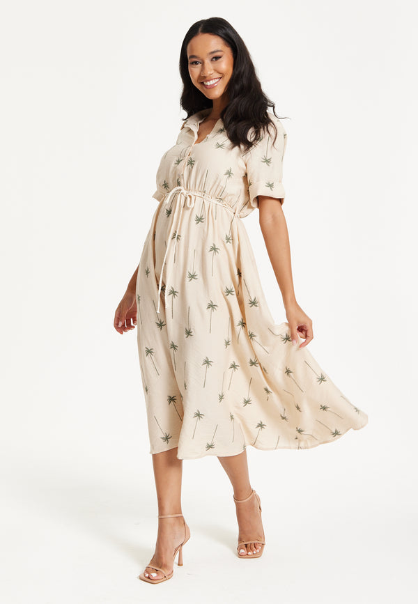 Liquorish Beige Palm Print Shirt Midi Dress