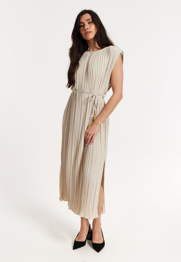 Liquorish Beige Pleated Midi Dress With Tie Waist