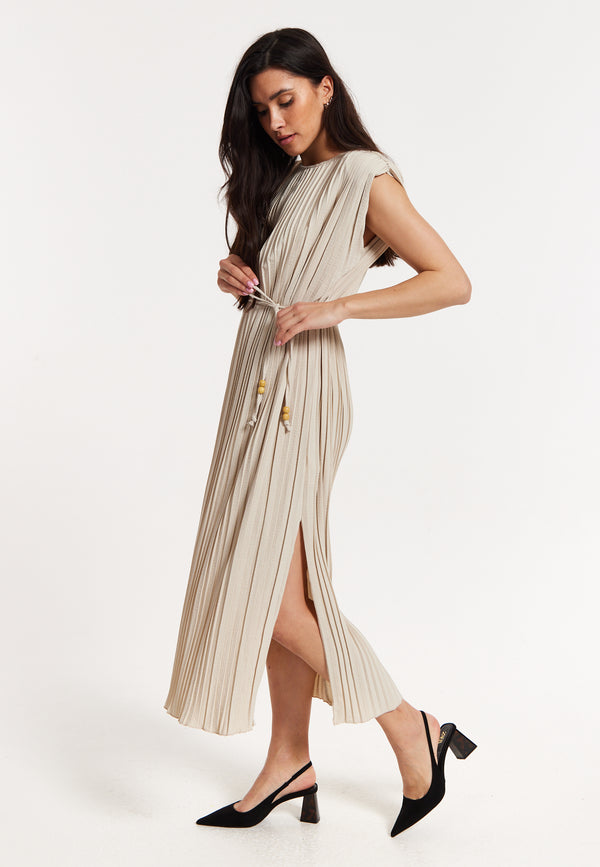 Liquorish Beige Pleated Midi Dress With Tie Waist