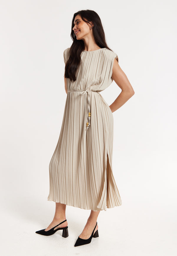 Liquorish Beige Pleated Midi Dress With Tie Waist