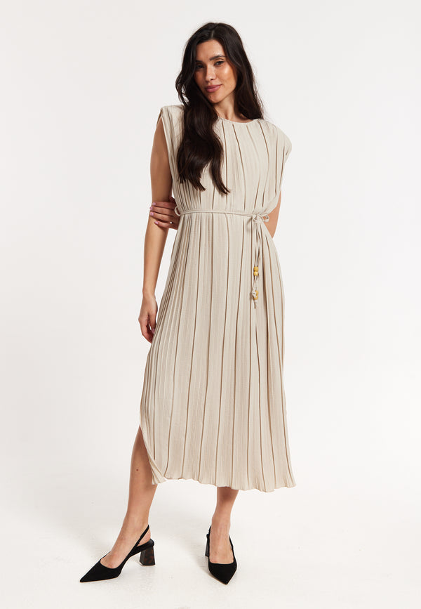 Liquorish Beige Pleated Midi Dress with Tie Waist
