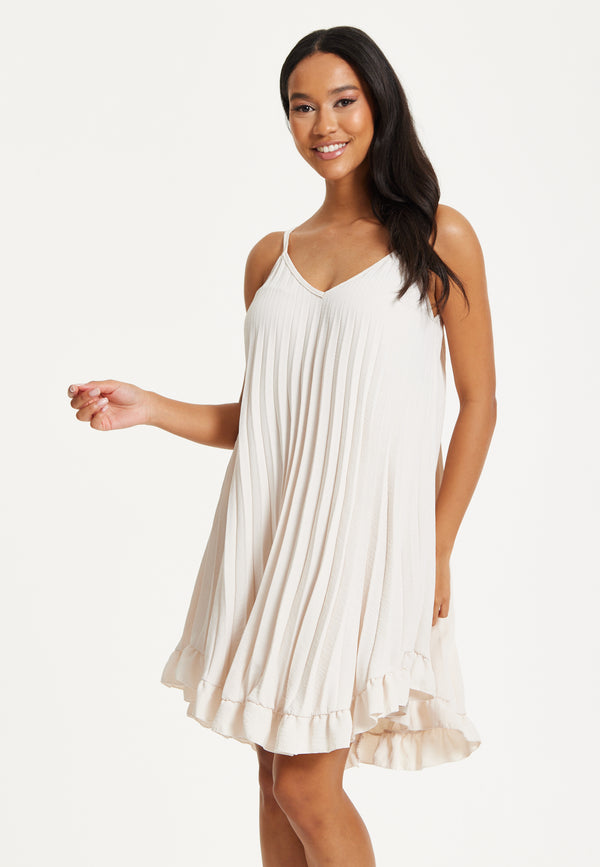 Liquorish Beige Pleated Ruffle Mini Dress