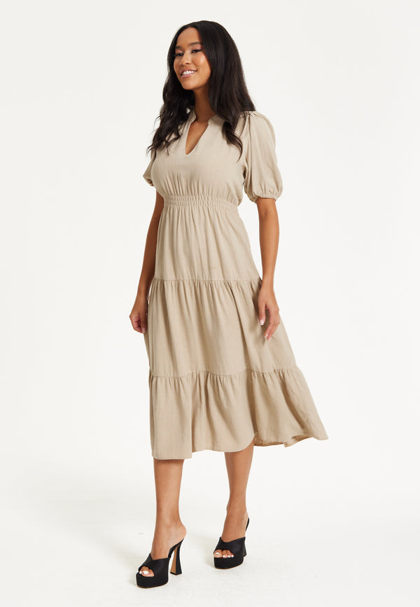 Liquorish Beige Puff Sleeve Tiered Midi Dress