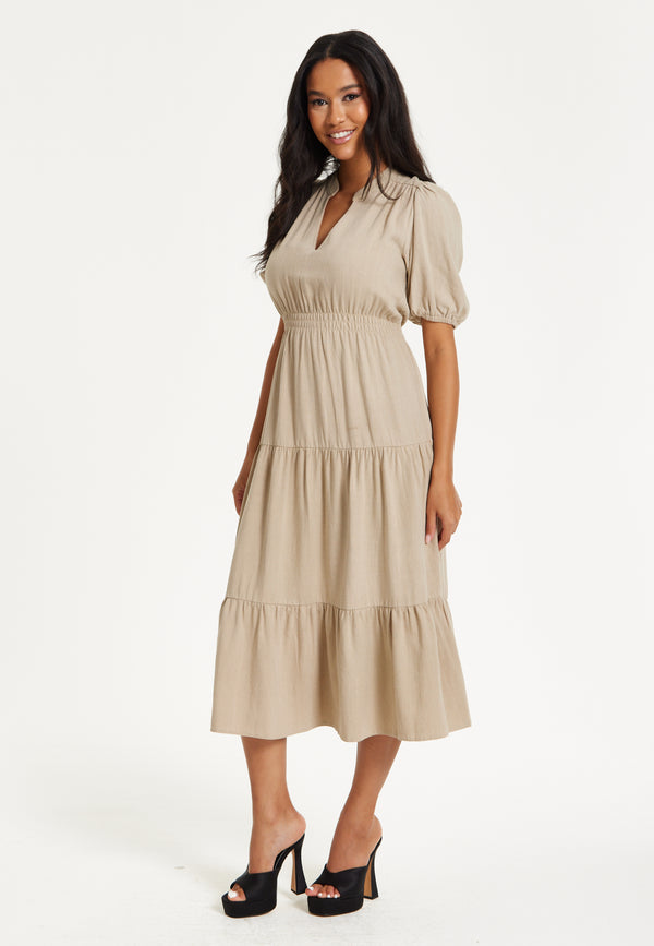 Liquorish Beige Puff Sleeve Tiered Midi Dress