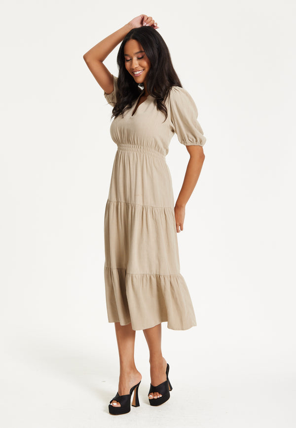 Liquorish Beige Puff Sleeve Tiered Midi Dress