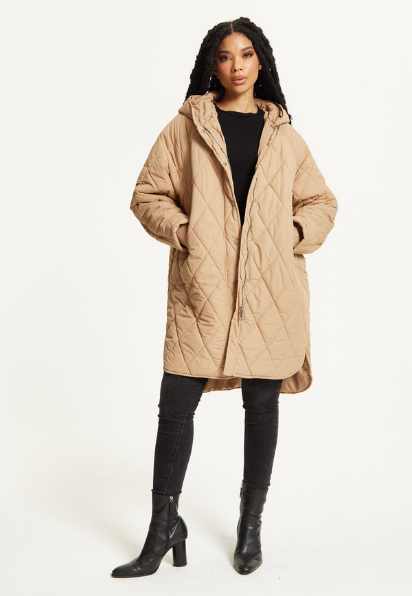 Liquorish Beige Quilted Hooded Coat