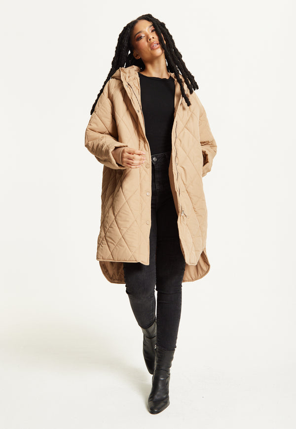 Liquorish Beige Quilted Hooded Coat