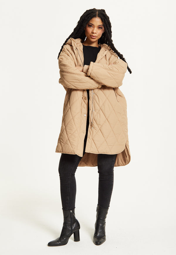 Liquorish Beige Quilted Hooded Coat