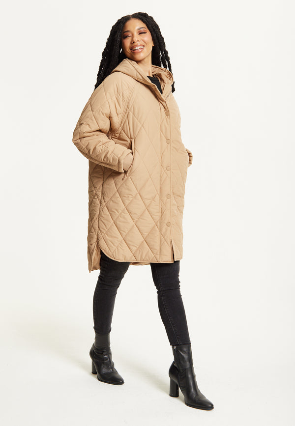 Liquorish Beige Quilted Hooded Coat